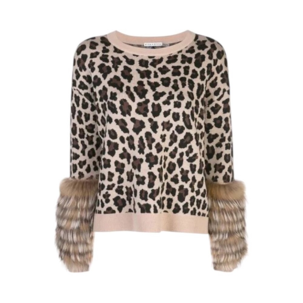 Alice + Olivia Sheila Leopard Print Sweater with Fox Fur Cuffs